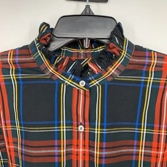 J.Crew Top Black Red Plaid Button Popover Ruffle Long Sleeve - Picture 5 of 13